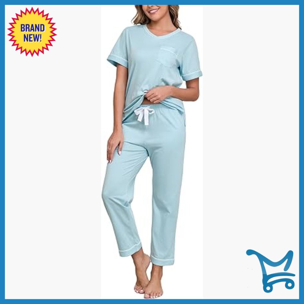 Women's Cotton Pajama Set V-Neck Short Sleeve Long Pants With Pocket